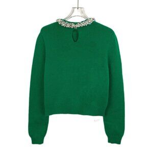 Miu Miu Green Beaded Cashmere Crew-Neck Long Sleeve Knit Sweater Size M Made In